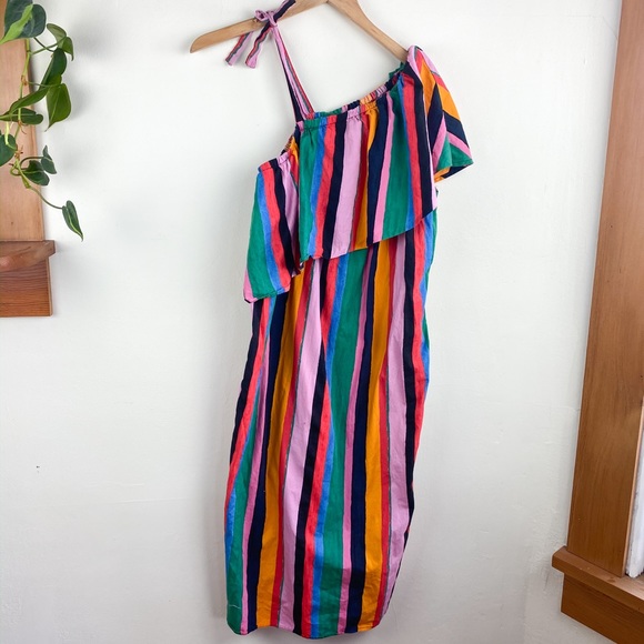Stripped One Shoulder Colorful Midi Dress S - Picture 3 of 7